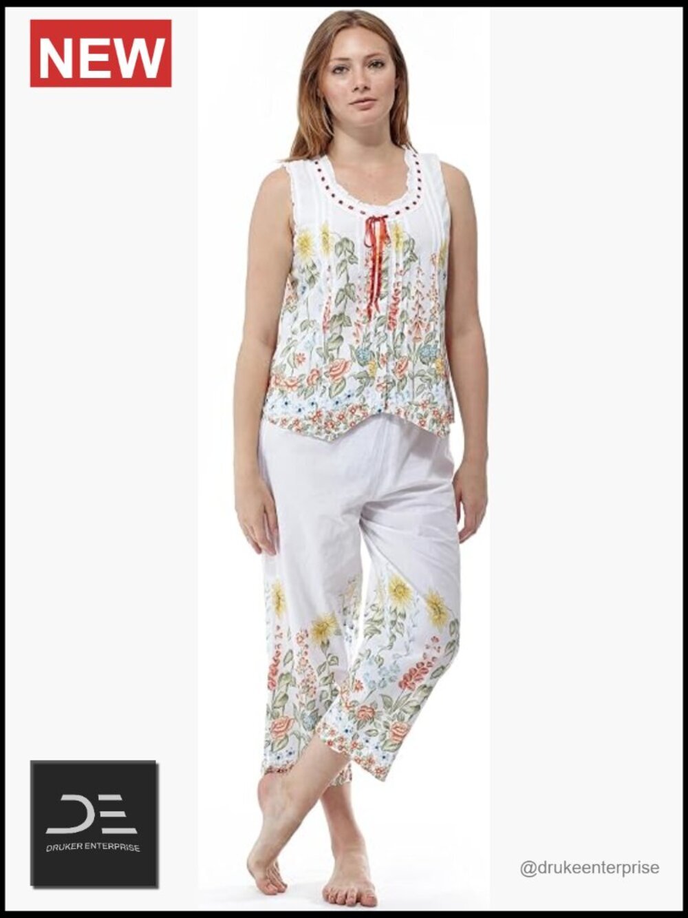 Sleeveless Printed Cotton Pajama Set - 2 Piece Tank & Pant